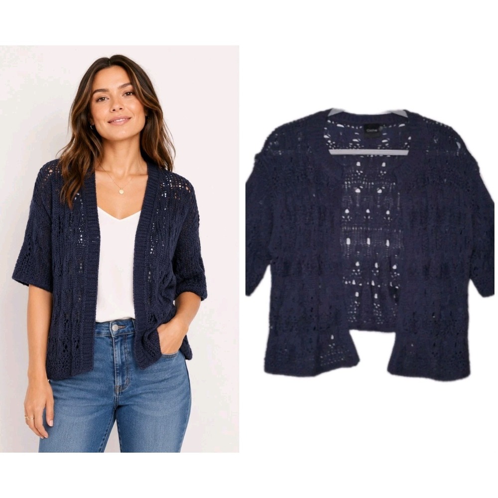 Cliche Open Front Knitted Cardigan Sweater Women's Size Small Navy Blue Beachy
